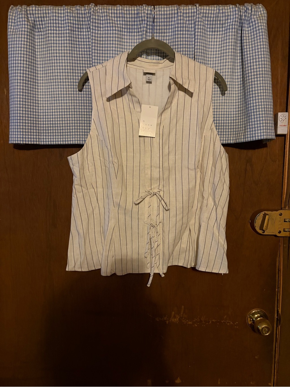 A New Day- Striped Sleeveless Tie-Front Button Camisole-Beige with Navy Stripes